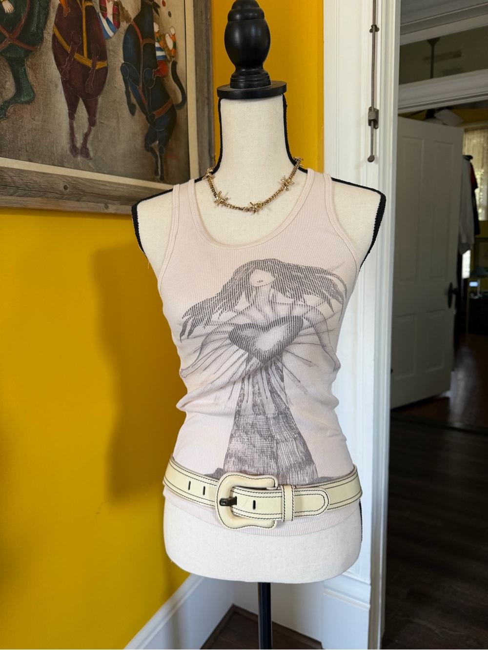 Twisted Pale Cream Graphic Ribbed Tank Top with Illustrated Front